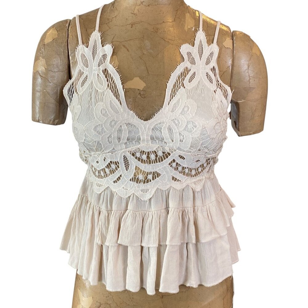 Trixxi Cropped Gauze Ruffle &‎ Lace Spaghetti Strap Top Sz S Beige #199Q